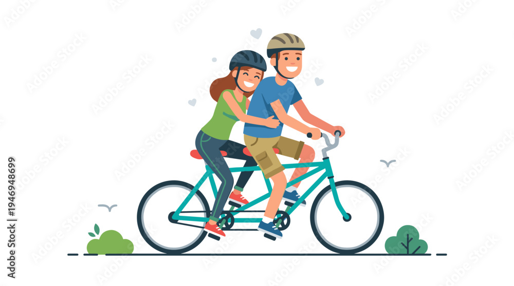 Fototapeta premium A lively couple rides a bicycle together, set against a white backdrop, with a joyful, affectionate male and female cyclist embracing in a flat vector illustration, smiling as they enjoy an outdoor