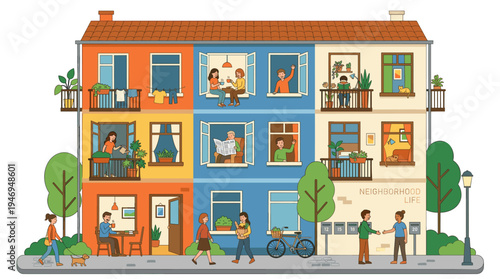 The building's façade shows open windows, revealing residents inside; men and women sip tea, read newspapers, and tend to plants in their apartments, while neighbors mingle in the neighborhood