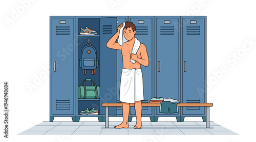 Illustration of an athlete in a locker room, a towel-clad person post‑shower in a sports club cloakroom, a man in a public gym’s wardrobe with storage cabinets, bags, and backpacks, rendered as a
