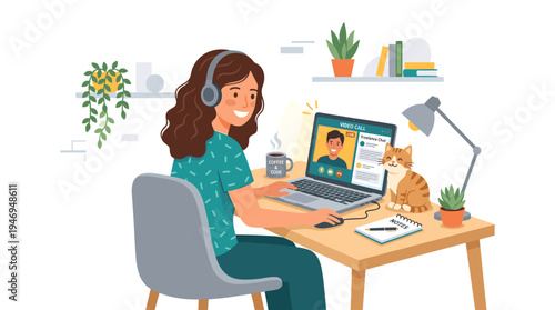 A freelancer works from home, engaging in video calls with a cheerful businesswoman and her adorable cat while operating a computer online as a remote employee in a flat vector illustration