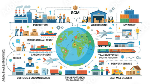 Illustration of supply chain management and logistics, depicting global trade, international delivery services, and cargo shipment processes, presented as a flat vector on a white background
