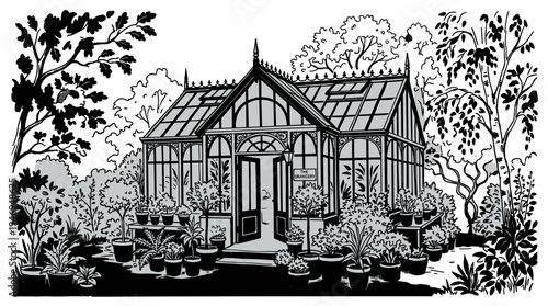 A freehand sketch of a stunning glasshouse, its facade rendered in black and white, encircled by potted bushes and trees