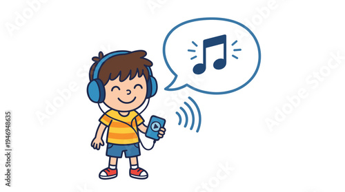 A music note inside a speech bubble represents sound, melody, voice messages, and podcast icons, depicted in a simple doodle style of children singing and listening, as a flat vector illustration on