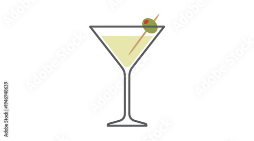 A martini cocktail displayed in a glass, featuring an olive in an elegant triangular wineglass goblet, presented as a flat vector illustration on a white background