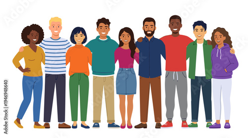 A stylized group of people, featuring cheerful young male and female figures posed together in a portrait, represents a diverse team of friends forming a united international community, rendered as a
