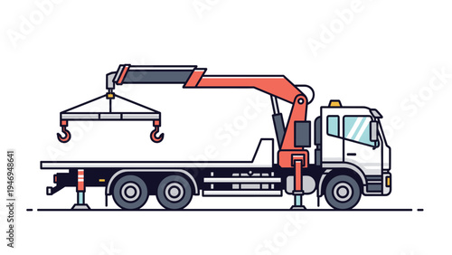 Flatbed tow truck equipped with a hydraulic crane lifting a heavy load, side view isolated on a white background.