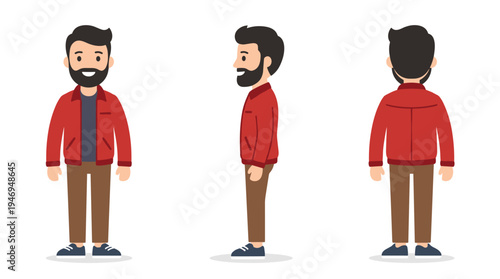 A charming, bearded Caucasian man with dark hair, smiling, wearing brown trousers and a red jacket, depicted as a flat cartoon figure on a white background from front, side, and back angles in vector