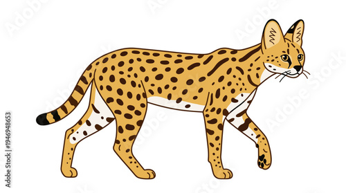 A serval stands alone against a white backdrop, its sleek body and spotted fur highlighting its wild African nature as a striking predatory creature in a flat cartoon vector illustration