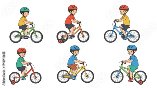 Collection of young children wearing safety helmets while riding bicycles and tricycles, set of various poses.