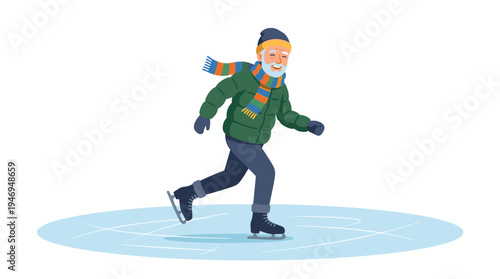 An elderly gentleman enjoys skating on an ice rink, wearing a scarf and smiling as he partakes in a winter outdoor leisure activity, depicted in a flat vector illustration set against a white