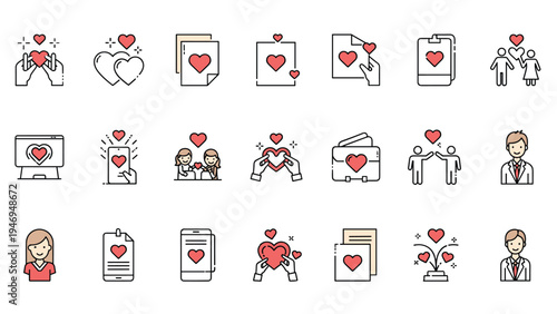Extensive collection of heart and love related icons featuring social media, healthcare, and interpersonal symbols.