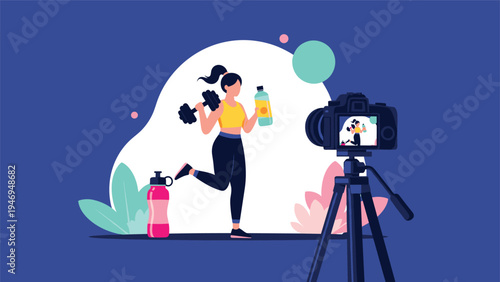 Fitness influencer recording a workout video with a camera and tripod while holding a dumbbell and water bottle.