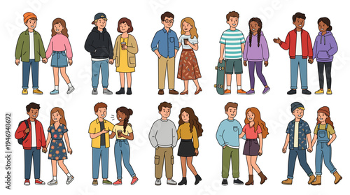 A collection of fashionable teenage couples, featuring stylish boys and girls, depicted as modern cartoon characters against a white backdrop in a vibrant illustration