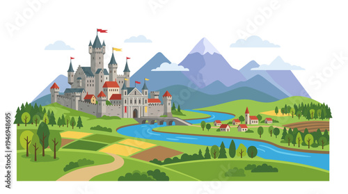 A flat vector illustration of a medieval castle landscape, featuring a fairytale fortress beside a river amid mountains and fields, with a beautiful historic facade and a panoramic view of a royal