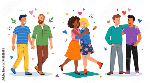 Colorful flat illustration of gay couples, depicting LGBT men and women in love