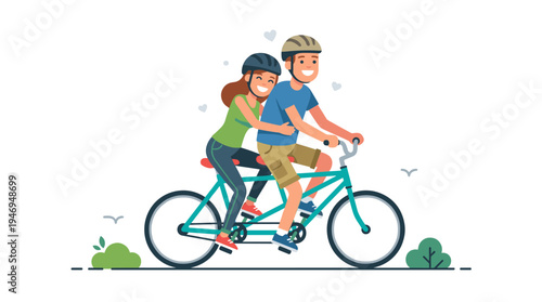 A lively couple rides a bicycle together, set against a white backdrop, with a joyful, affectionate male and female cyclist embracing in a flat vector illustration, smiling as they enjoy an outdoor
