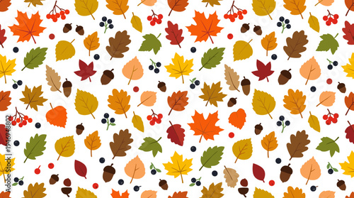 A seamless natural pattern featuring scattered fallen leaves and berries against a black background, rendered in bright autumn colors as a flat‑style vector illustration suitable for wrapping paper