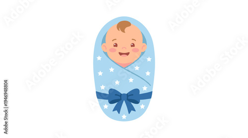 A newborn baby boy wrapped in a blanket, smiling cutely, joyfully clothed in swaddling garments with blue string, depicted as a flat vector illustration on a white background