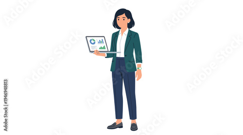 A young entrepreneur, laptop in hand, stands as a modern businesswoman in a portrait of a female office worker, rendered as a flat vector illustration on a white background
