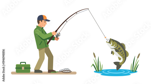 A fishing rod and pole used to catch fish with a hook and bait, depicted as a trophy with angle, line gear, and accessories in a flat vector illustration on a white background