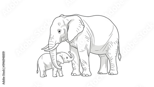 Gentle illustration of a large adult elephant standing next to its young calf, symbol of family and protection.