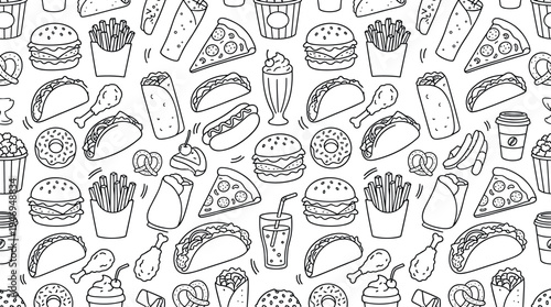 A continuous pattern featuring tasty fast‑food dishes and snacks outlined in contour lines against a white backdrop, rendered as a monochrome linear vector illustration suitable for wrapping paper