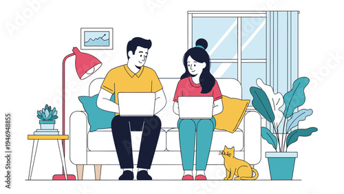 Young couple sitting comfortably on a sofa while working or browsing on their laptops in a cozy living room.