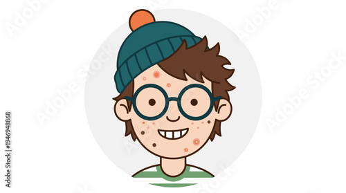 A boy avatar with freckles, moles, and pimples, wearing a hat, smiling in a quirky, funny kid style, head portrait, flat vector illustration on a white background