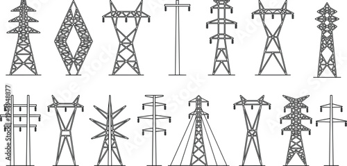 Electric power transmission towers collection showing high voltage pylons, utility poles and electricity grid infrastructure line vector illustration
