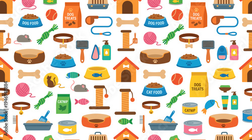 A seamless pattern featuring pet shop items for cats and dogs on a white background, showcasing products for domestic animal care, entertainment, grooming, and feeding, rendered in flat vector style