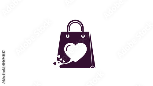 Purple shopping bag silhouette featuring a large white heart, symbolizing ethical consumerism and love for shopping.