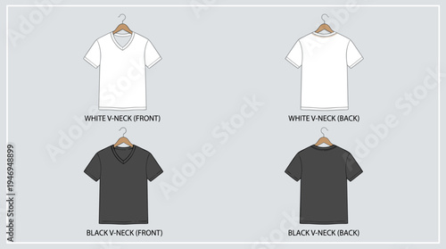 A set of realistic white and black unisex classic v‑neck t‑shirts displayed on a coat hanger, shown from front and back, part of a vector illustration collection set against a gray background