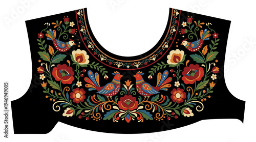 A satin stitch embroidery featuring flowers and birds, a folk-inspired floral trend for a dress neckline, and an ethnic fashion ornament adorning the neck against a black backdrop