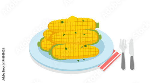 Corn cobs are cooked and plated, sweet maize is boiled and stacked, and the corncobs—rich in vitamins and seasonal with yellow kernels—are shown as a flat vector illustration on a white background