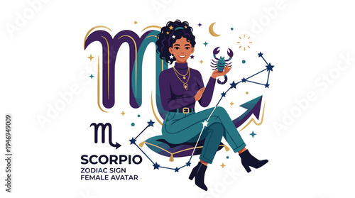A Scorpio woman, a zodiac sign, depicted as a modern, trendy horoscope character with a scorpion symbol, a stylish female avatar in the astrology star constellation, rendered as a flat vector