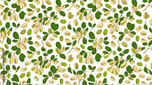 A continuous pistachio design featuring nuts, shells, branches, and leaves, rendered as a realistic texture against a black background, presented as a hand‑drawn colored vector for printing and