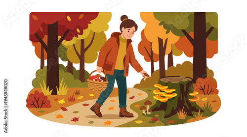 A woman strolls through a fall forest, gathering mushrooms and spotting a cluster of fungi on a stump, collecting them into a wicker basket amid the autumn scenery, rendered as a flat vector