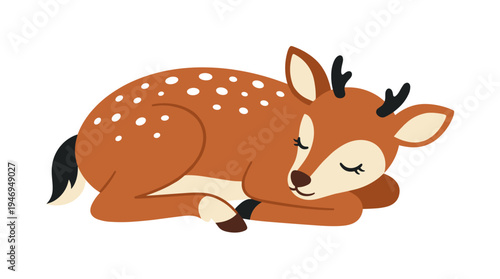 A charming bambi deer reclines while a spotted reindeer snoozes; the graceful fawn with antlers rests its eyes shut, depicted in a colorful flat vector on a white backdrop