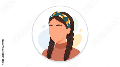 Adorable young woman depicted in an abstract portrait, wearing a headband and braids, presented as a faceless, minimalist avatar in a modern poster style for a user profile, rendered as a flat vector