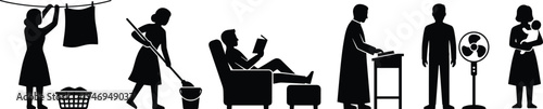 Daily lifestyle silhouettes showing laundry hanging, floor cleaning, relaxing reading, priest speaking, standing man with fan and mother holding babyDaily lifestyle silhouettes showing laundry