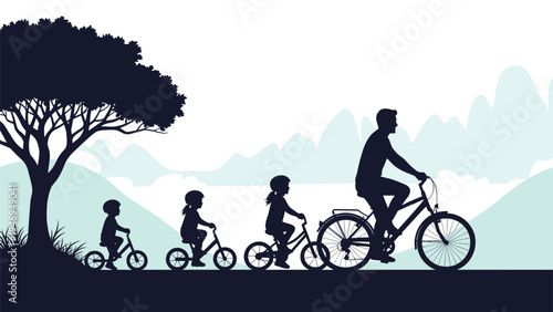 Beautiful silhouette of a family with three children riding bicycles against a scenic mountain landscape.