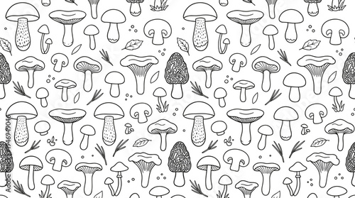 Edible mushrooms form a continuous pattern, hand‑drawn, featuring birch bolete, blewits, brown, champignon, shiitake, chanterelle, and wrinkled varieties, rendered as a contour vector illustration on