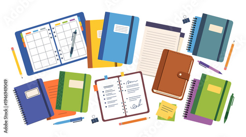 Open paper planners, notebooks, and pens; blank-page notepads; scattered note pads, diaries, and organizers; copybooks and business journals—all depicted in a flat vector illustration set against a