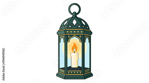 A lantern with a candle inside serves as a decorative lamp, emitting candlelight; it is a holiday light decoration featuring a burning flame, burner, and ring for hanging, presented as a flat vector