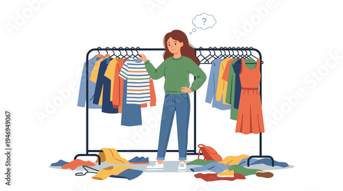 A young girl with long hair stands before a hanger rack, clothes scattered around, as she tries to pick an outfit, illustrating a “nothing to wear” theme in a colorful flat vector cartoon style