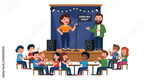 A group of comedians perform at an open mic, using microphones while a joyful crowd laughs at a night stand‑up show, depicted in a flat vector illustration