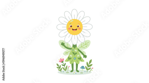 A charming floral character with a joyful smile and a flower head, set in a fairytale world, featuring a fictional spring daisy, rendered as a whimsical flat vector illustration for kids on a white