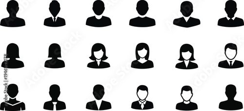 Black silhouette icons of diverse people in rows person male