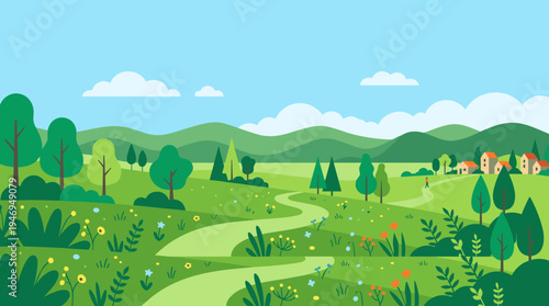 A summer natural landscape backdrop featuring green trees, hills, grass, sky, clouds, and a panoramic view rendered in a modern style, presented as an abstract, tranquil wild countryside banner in