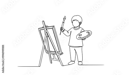 Child painting with brush and palette continuous one line drawing minimalist artist vector